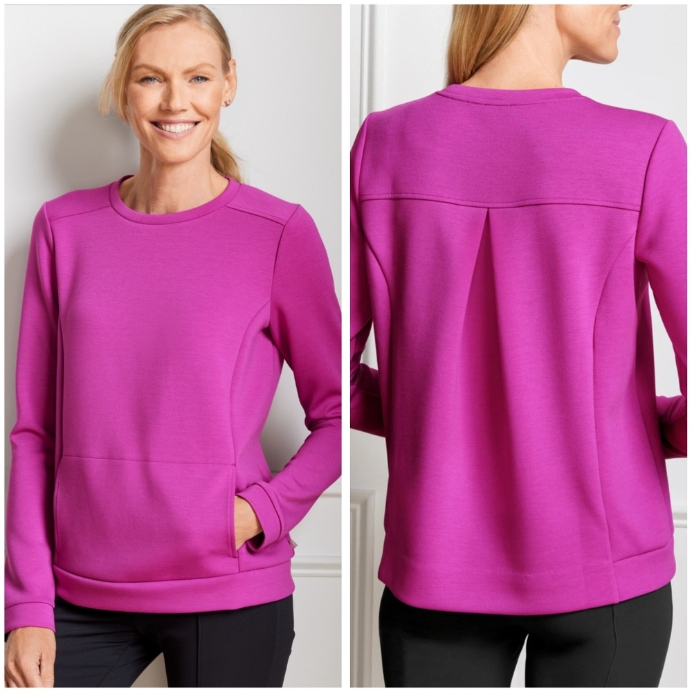 T by Talbots Pleated Back Modern Scuba Pullover Athleisure Sweate Pink Purple L